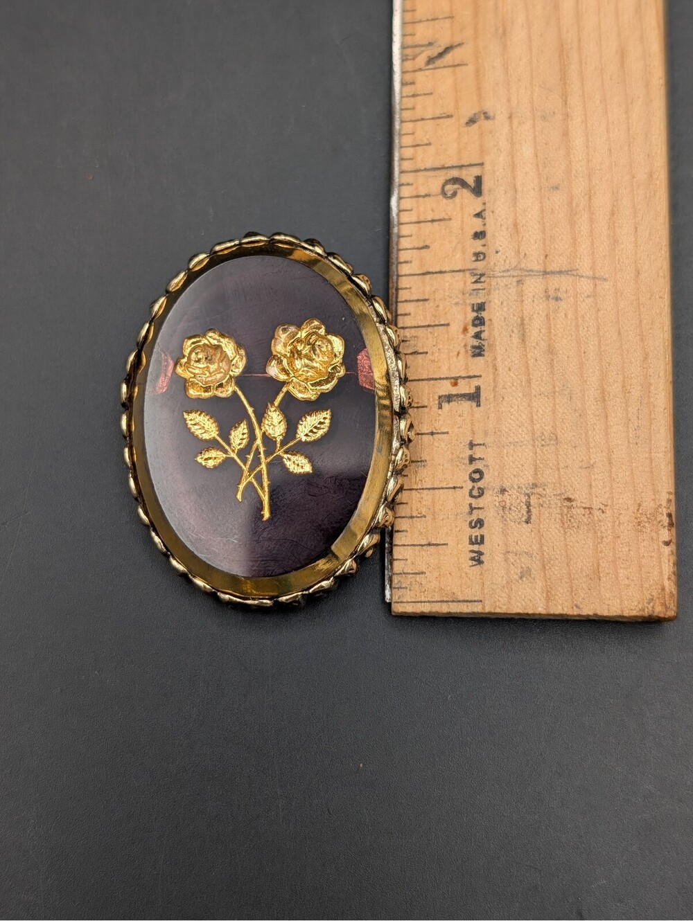 Vintage Whiting & Davis Carved Glass Rose Brooch Purple Amethyst Intaglio Pin UV - Picture 6 of 10